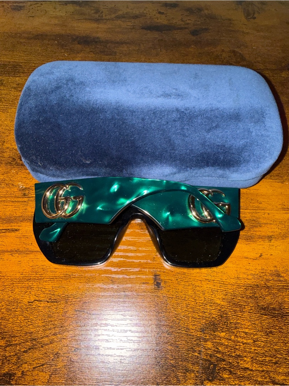 Gucci Green Shield Sunglasses with Gold Double G Accents